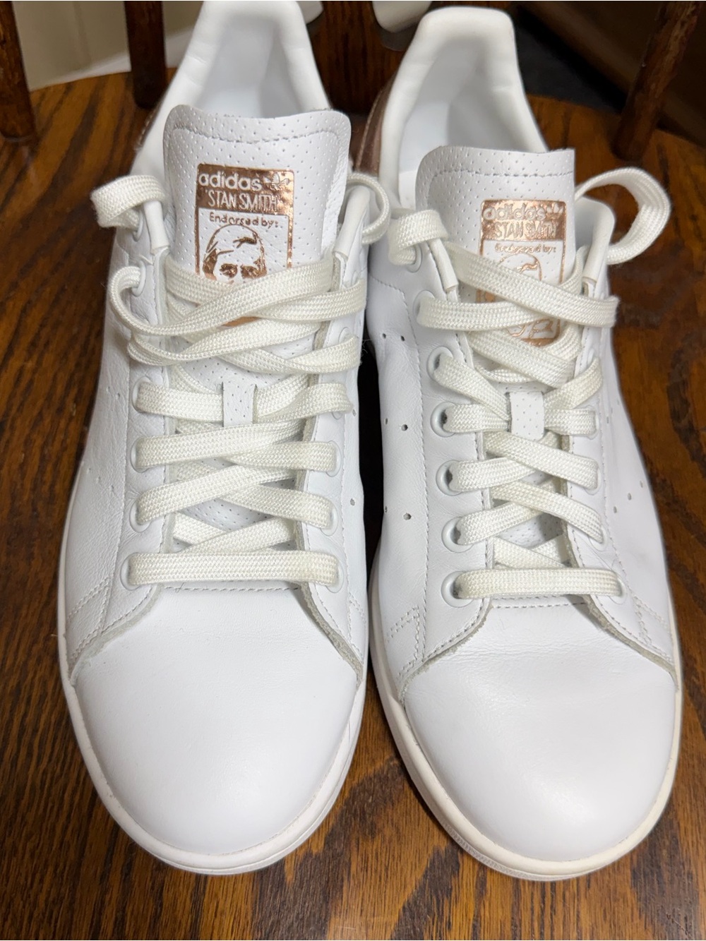 adidas Stan Smith White Leather Sneakers with Rose Gold Tongue Accents